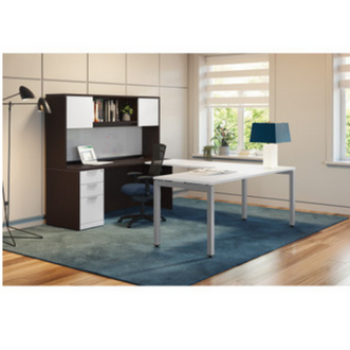 U-Shaped white desk with brown hutch and office supplies